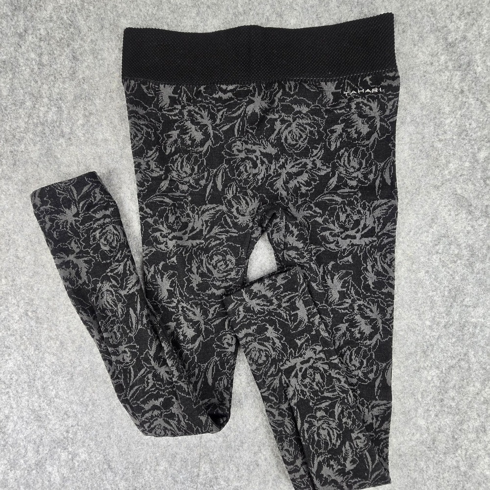 Tahari Floral Leggings Womens S/M Black Grey Seamless Rose High Rise Slim